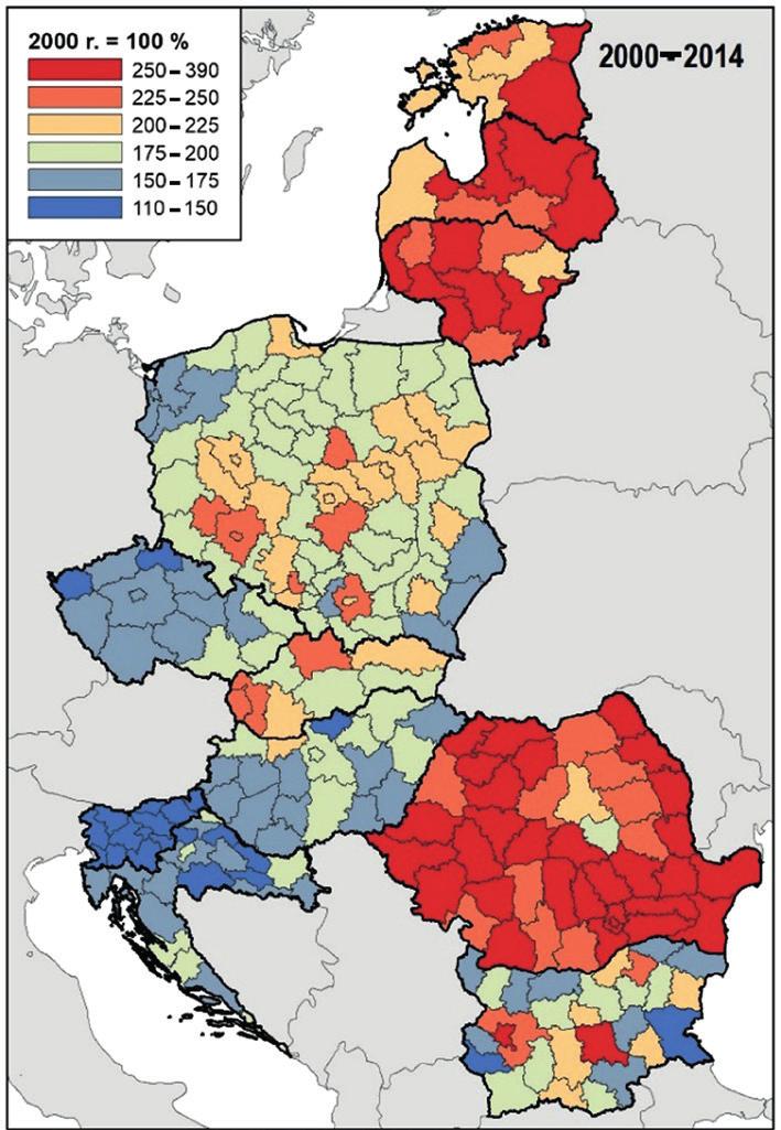 94 Robert Perdał Ryc. 3. Zróżnicowanie przestrzenne zmian PKB per capita w układzie jednostek NUTS3 w 2000 i 2014 r. Źródło: obliczenia i opracowanie własne na podstawie danych Eurostatu.