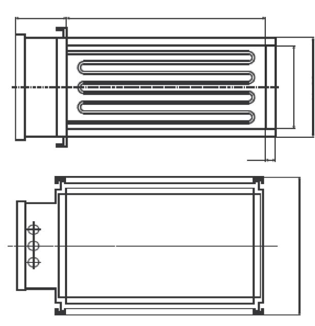 Wymiary 121 W H H+30 L 15 Standardowe wymiary [mm] ERH-4020; WxH = 400x200 Długość L mm 370 420 520 Moc kw 6 9 12 15 21 ERH-5025; WxH = 500x250 Długość L mm 370 420 520 600 820 970 Moc kw 9 12 15 21