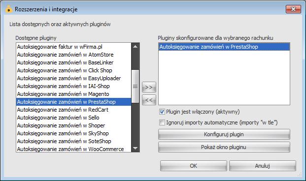5. Naciśnij przycisk >>, aby aktywować plugin Autoksięgowanie zamówień w PrestaShop i wyświetlić okno konfiguracji