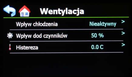 Możemy aktywować lub dezaktywować wpływ wilgotności wewnętrznej. Dostosuj procent: ustawiamy procent wpływu wilgotności wewnętrznej.