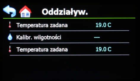 INFORMACJA Temperatura zadana: pokazuje temperaturę docelową ogrzewania bez modyfikacji przez wpływy. Kalibracja wilgotności: Pokazuje korektę zastosowaną przez wpływ wilgotności.