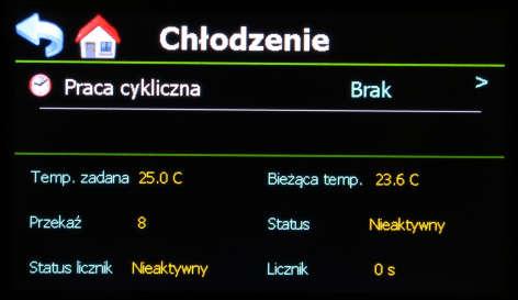 Więcej opcji : Przejdź do opcji zaawansowanych (zobacz 6.2.1.). Wpływy : Przejdź do obecnych wpływów (zobacz 6.2.2.). Informacje : Przejdź do bieżącego stanu chłodzenia.