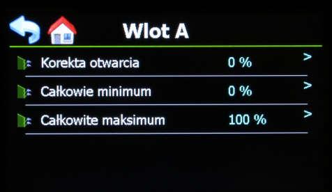 Temperatura: aktualna temperatura dla wlotów powietrza. Otwarcie: pokazuje aktualny procent otwarcia klap wlotów powietrza. Obliczony: pokazuje docelowe otwarcie we wlotach powietrza. 7.2.1.