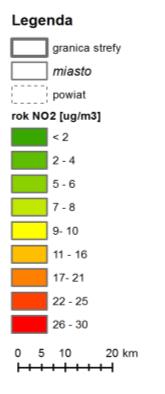 -2.3.6. Rys. 2.3.5. Rozkład stężeń 1-godzinnych NO 2 na podstawie modelowania; strefa przygraniczna 2014 r. (źródło: [13]) Rys. 2.3.6. Rozkład stężeń średniorocznych NO 2 na podstawie modelowania; strefa przygraniczna 2014 r.