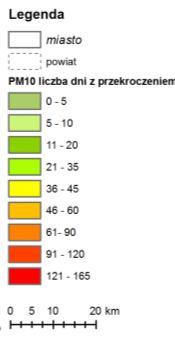Rozkład średniorocznych stężeń pyłu PM10 na podstawie modelowania; strefa przygraniczna 2014 r. (źródło: [13]) Rys. 2.3.12.