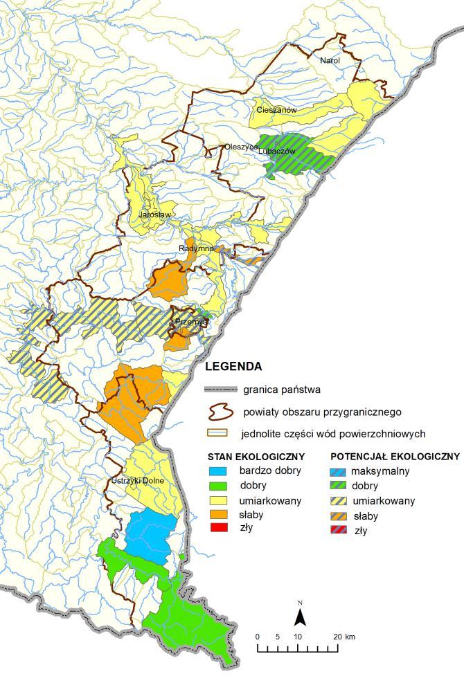 Rys. 3.1.1.5. Wyniki klasyfikacji stanu i potencjału ekologicznego w jednolitych częściach wód powierzchniowych (w tym na obszarach chronionych), obszar przygraniczny 20