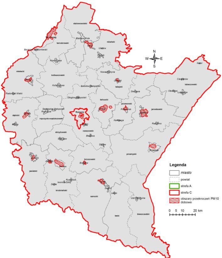 Rys. 2.2.4. Klasyfikacja stref w zakresie stężeń dobowych pyłu PM10 za rok 2014 - cel ochrona zdrowia, województwo podkarpackie 2014 r.