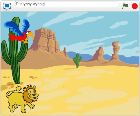 Poziom 2 Pustynny wyścig Jest to gra dla dwóch graczy, podczas której papuga i lis ścigają się po pustyni.