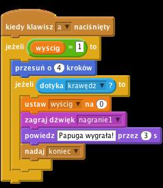 Kliknij na papugę i dodaj do skryptu ogłaszanie końca wyścigu po wygranej.