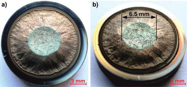 999% atmosphere (test #2656): a) the couple before test at T = 25 C, b) beginning of melting at T = 610 C, c) melting at T = 630 C, d) the end of melting at T = 650 C, e) the beginning of the test at