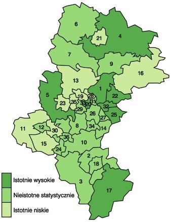 Pow. mikołowski 55,8 60,5 9. Pow. myszkowski 50,9 67,7 10. Pow. pszczyński 51,3 64,2 11. Pow. raciborski 48,6 65,6 12. Pow. rybnicki 43,7 55,2 13. Pow. tarnogórski 47,3 62,1 14. Pow. bieruńsko-lędziński 50,1 59,4 15.