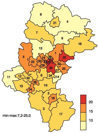 42 Medycyna Środowiskowa - Environmental Medicine 2013, Vol. 16, No. 1 Ryc. 2. Zachorowalność na nowotwory złośliwe płuca (C33-C34 wg MSKChiPZ X), województwo śląskie, 1999 2009, KOBIETY Fig. 2. Incidence for lung cancers (ICD-X C33-C34), Silesian Voivodeship, 1999 2009, FEMALES (A) 1999-2002 (B) 2006-2009 (C) 1999-2009 14,0 Woj.