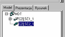 Instytut Informatyki i Zarządzania produkcją 7 Rys. 9. Okno Przeglądarki MDT z nowym elementem (Część2_1) oraz wyłączanie widoczności części 1.