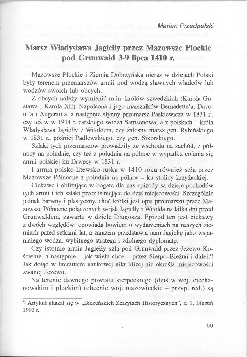 Marian Przedpełski Marsz Władysława Jagiełły przez Mazowsze Płockie pod Grunwald 3-9 lipca 1410 r.