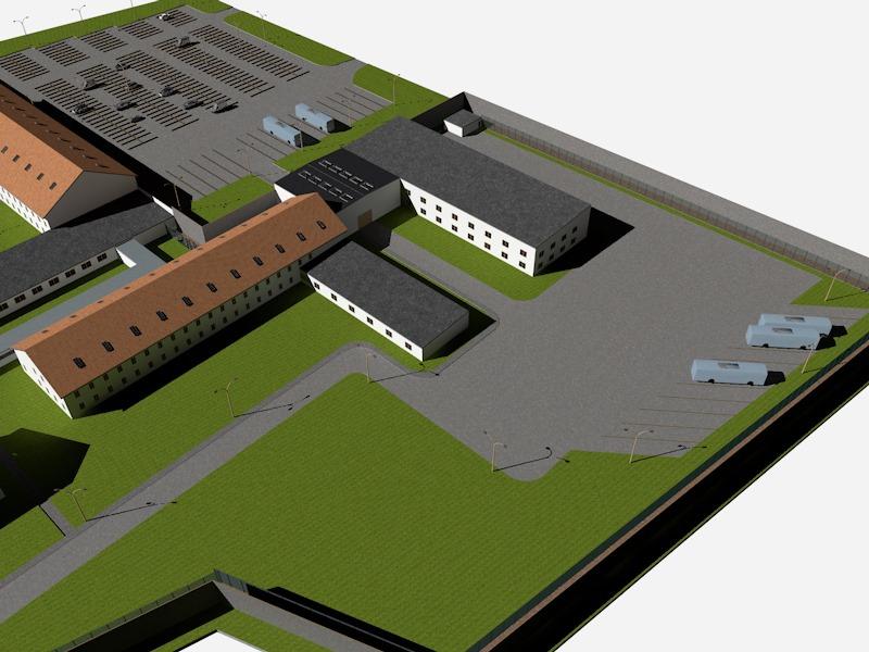 WIZUALIZACJE KONCEPCJI ZAGOSPODAROWANIA TERENU - STREFA WJAZDOWO-TRANSPORTOWA 01 Strefa wjazdowo-transportowa ŚLUZA WARTOWNIA/ BUDYNEK BRAMOWEGO KOJCE I WYBIEG DLA PSÓW W północnej części zakładu
