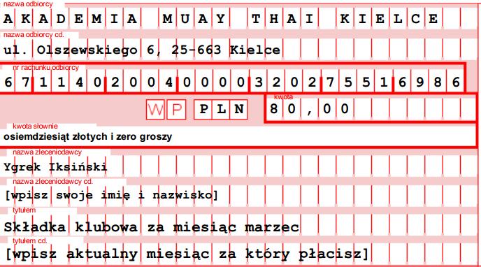 Płatności za dany miesiąc uczestnictwa w zajęciach regulujemy maksymalnie do 5-go dnia następnego miesiąca. Przykład: składkę klubową za miesiąc styczeń opłacamy nie dłużej niż do 5- go lutego.