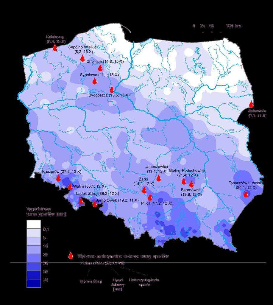 3. Rozkład tygodniowej sumy opadów oraz wybrane maksymalne