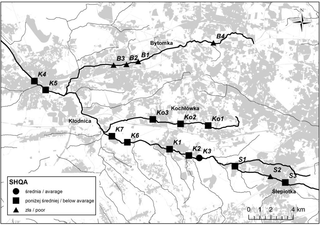 RYSUNEK. Wynik wskaźnika SHQA na tle obszarów zabudowanych Źródło: Opracowanie własne. FIGURE. SHQA score on urban areas background Source: Own elaboration.
