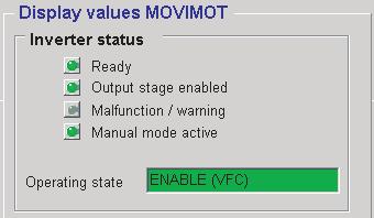 Diagnoza Diagnoza MOVIMOT ze zintegrowanym złączem AS-i 1 Okno wartości wskazań MOVIMOT W zakresie okna dla stanu przetwornicy wyświetlany jest aktualny stan urządzenia.