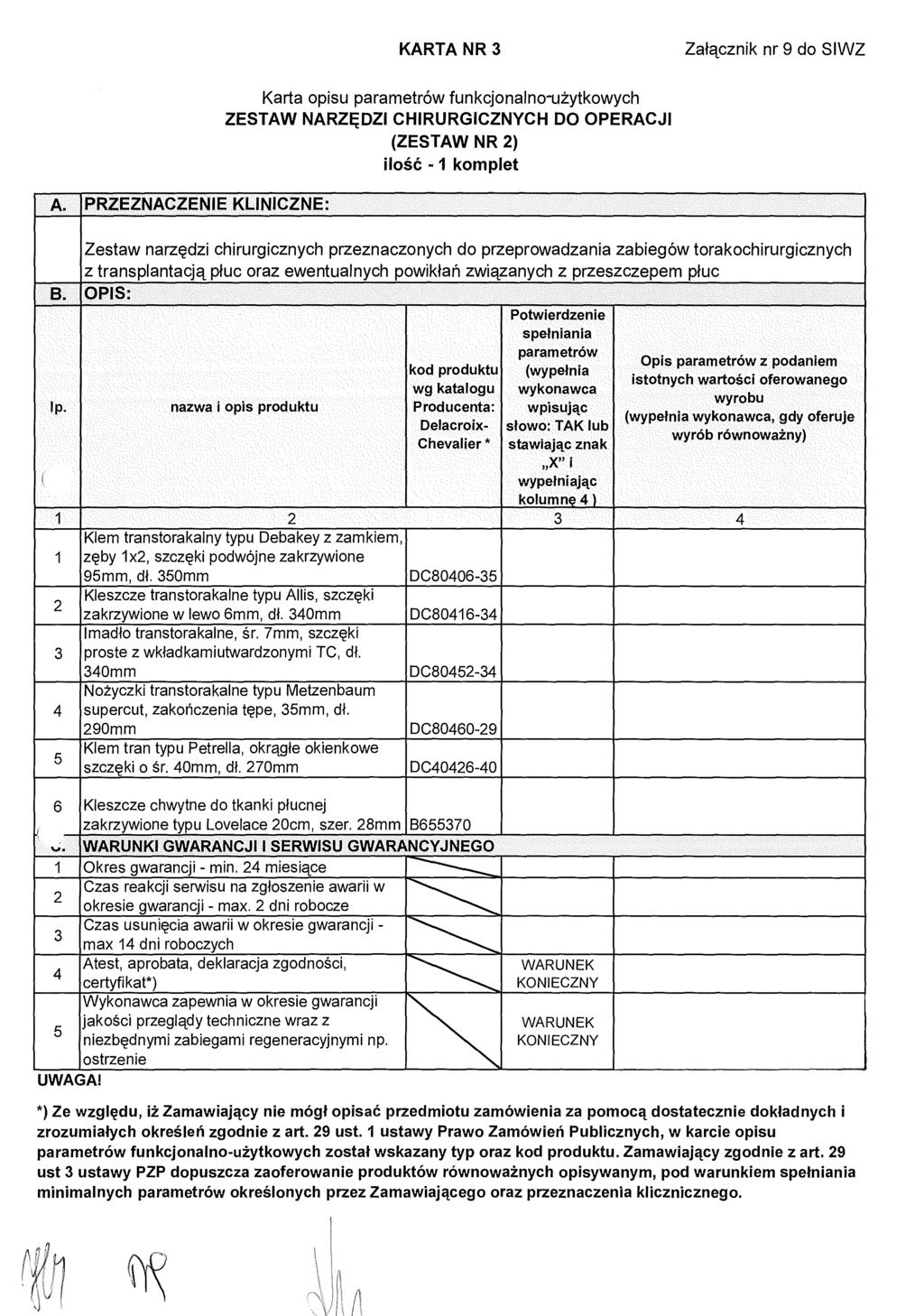 KARTA NR 3 Załącznik nr 9 do SIWZ A.