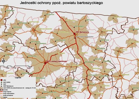 4.2. Dyslokacja jednostek ochrony przeciw pożarowej na terenie powiatu bartoszyckiego 5. PODSTAWOWY POTENCJAŁ SPRZĘTOWY 5.1.