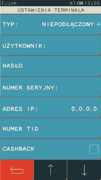Ustawienia terminala FUNKCJE > FUNKCJE KIEROWNIKA > USTAWIENIA > USTAWIENIA KASY > USTAWIENIA TERMINALA Ta grupa funkcji umożliwia konfigurację połączenia kasy z terminalem kart płatniczych, w celu