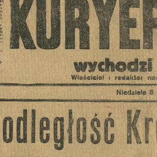 Wykorzystuje tytułowy, skondensowany krój pisma charakterystyczny dla przełomu XIX i XX w.