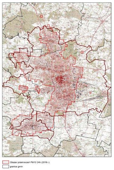 Rysunek 2. Obszar przekroczeń dobowej wartości poziomu dopuszczalnego stężenia pyłu PM10 w Aglomeracji Łódzkiej i gminach ościennych w 2016 r.