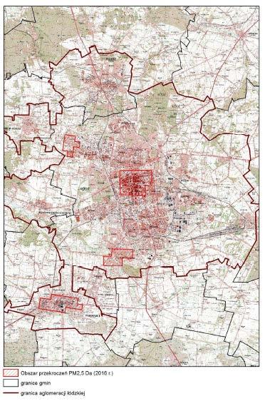 Rysunek 3. Obszar przekroczeń średniej rocznej wartości poziomu dopuszczalnego stężenia pyłu PM2,5 w Aglomeracji Łódzkiej w 2016 r.