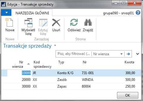 5. Wpisz następujące przykładowe dane do tabeli Sales Transactions : Zauważ, że podczas wybierania Kod sprzedawcy z listy widoczni są tylko sprzedawcy z