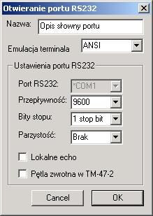 Rys.9. Wygląd okna konfiguracji parametrów portu RS-232 dla już otwartego okna terminala 6 Profile użytkownika Profil użytkownika zawiera informację o adresie IP urządzenia TM-47.