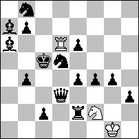 przedstawiony bez bicia bierek. 1. Wf2 Wh2 (1...Gh3?) 2. Hg2 Gh3 3. Kf1 Wh1# 1. Wd2 Gc4 (1...Wd5?) 2. Kd1 Wd5 3. He1 Gb3#.