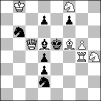 Bogdanow, 5/7 HM Šahs 1975: Kh3 Hf6 Wa5 Sb2 Sf2 Pe3 Pg4 - Kd5 Gb5 Pb3 Pc6 Pf3 Pf7 Pg5 Ph4. #2 (7+8) 1.Sa4? b2! 1.Se4! oraz nr 12 ze względu na bierną rolę białego Sh2 w grze realnej.