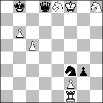 6.Kc8! (6 H:d5 7.We5+ +-) 6 Kg8 7.Wd7! Hc1 (nie szach!) 8.Sf6+ Kh8 9.Wh7# ; B) 5 Hh4 6.Kc8! (6.Ga3? Hf6! 7.Gc5 [7.S:f6-pat] 7 Hh4 strata czasu) 6 Kg8 (6 Hh3+ 7.Wd7+ Kg8 [7...Ke8 8.Sf6#] 8.Gd4 +-) 7.