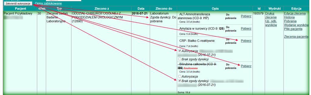 Po zatwierdzeniu autoryzacji przy badaniach gdzie zaznaczono autoryzacja wyświetla się informacja kto autoryzował to badanie oraz data autoryzacji.