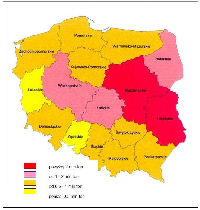 Nagromadzenie wyrobów zawierających azbest w układzie wojewódzkim. Źródło: Krajowy plan usuwania wyrobów zawierających azbest.