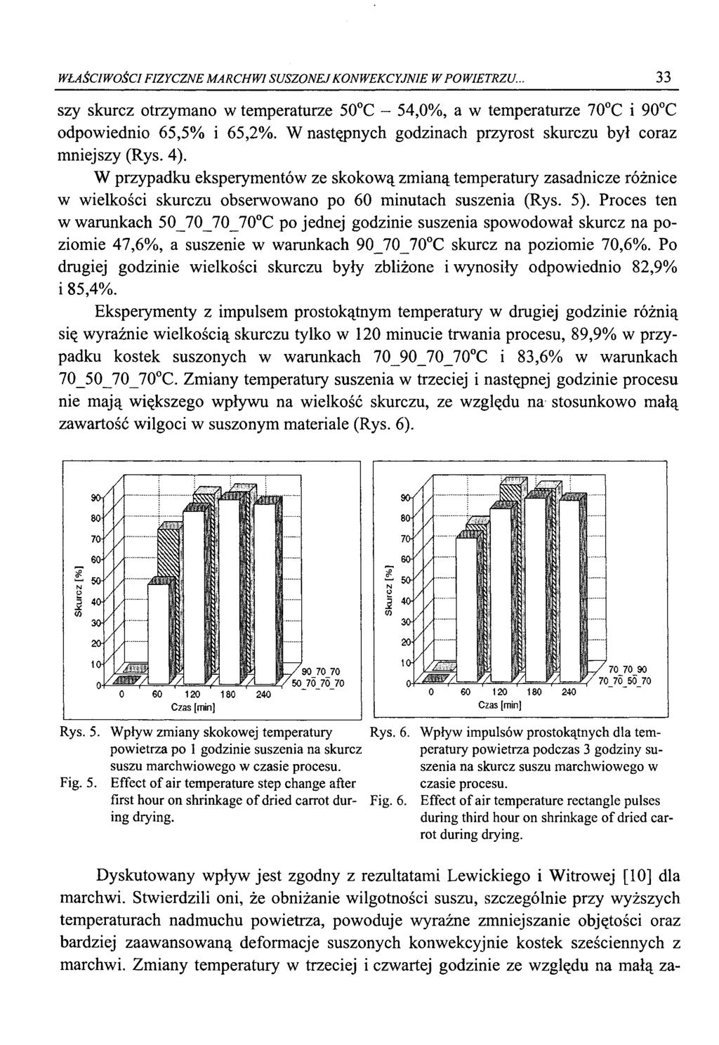 WŁAŚCIWOŚCI FIZYCZNE MARCHWI SUSZONEJ KONWEKCYJNIE W POWIETRZU... 33 szy skurcz otrzymano w temperaturze 50 C - 54,0%, a w temperaturze 70 C i 90 C odpowiednio 65,5% i 65,2%.