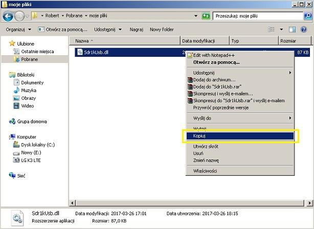 Prawy klawisz i Kopiuj. Następnie odszukujemy folder, w którym zainstalował się PowerSDR v2.4.