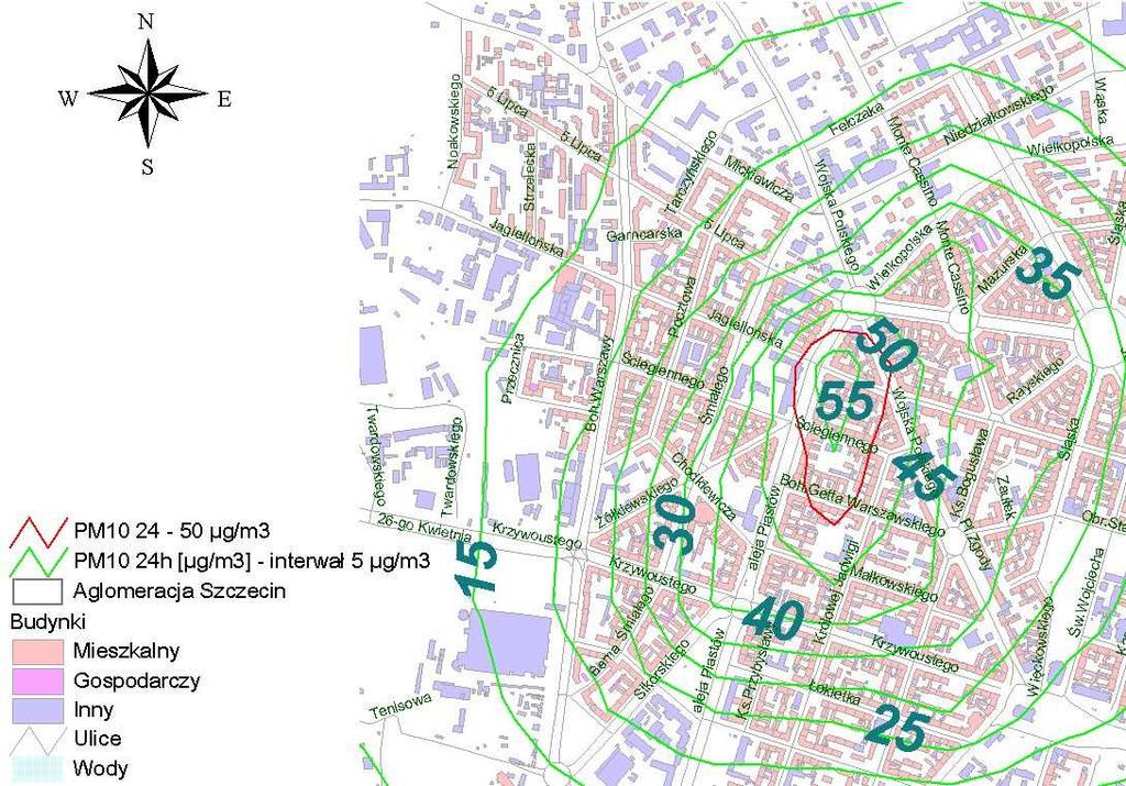 Rysunek 20 Rozkład stęŝeń pyłu zawieszonego PM 10 o okresie uśredniania wyników pomiarów 24