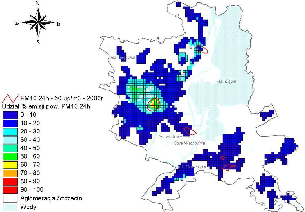 Rysunek 35 Procentowy udział emisji niezorganizowanej w receptorach na obszarze aglomeracji Szczecin, w których w stęŝeniach pyłu zawieszonego PM 10 24 godziny przewaŝa emisja niezorganizowana.