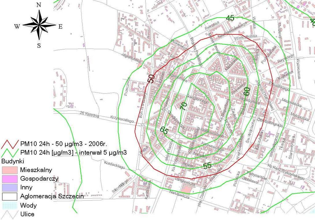 Rysunek 39 StęŜenia pyłu zawieszonego PM 10 o okresie uśredniania wyników pomiarów 24 godziny pochodzące od całości emisji w dzielnicy Śródmieście w 2006 roku.