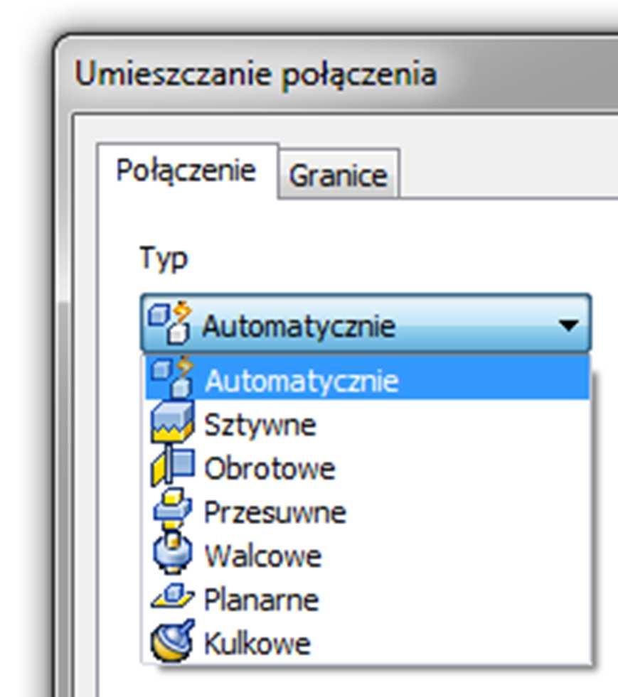 Polecenia działa w trybie automatycznym lub jednej z wybranej opcji typu: Sztywne odbieramy wszystkie stopnie swobody Obrotowe element zachowuje możliwość obrotu (w określonych granicach) względem