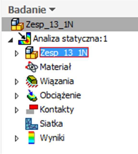 Analiza MES zespołu Analiza MES zespołu jest realizowana w podobny sposób co analiza pojedynczej części.