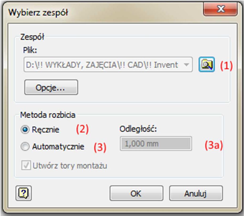 Wybierz opcję Utwórz widok i wskaż plik wykonanego wcześniej złożenia (1).