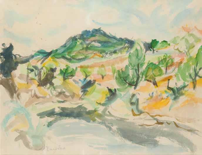 38 Jan Wacław Zawadowski (1891 Skobełka na Wołyniu 1982 Aix-en-Provence) Pejzaż ze wzgórzem z południa Francji, ok. 1930 r. akwarela, ołówek/papier, 46 x 60 cm sygnowany ołówkiem l. d.