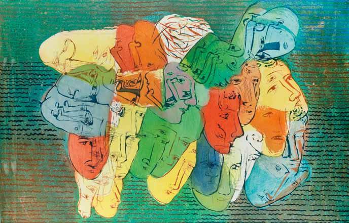 79 Sandro Chia (ur. 1946 r., Florencja) Twarze akwatinta barwna/papier, 98 x 152 cm (odcisk), 117 x 174 cm (arkusz) sygnowany p. d.