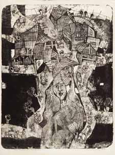 linoryt/papier, 64,5 x 68 cm opisany u dołu: 'Przeobrażenie I c M. Malina 1969 R.