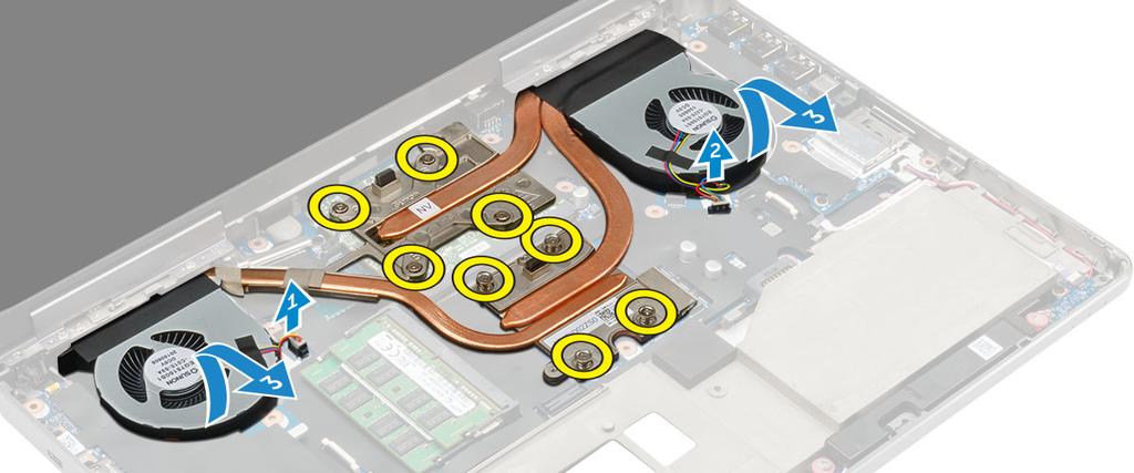 Instalowanie radiatora 1 Umieść zespół radiatora w gnieździe. 2 Przyklej taśmę na rurce. 3 Dokręć wkręty osadzone mocujące zespół radiatora do komputera.