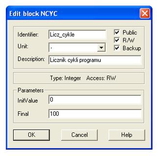 Edytując właściwości bloku (Edit) nadaje się mu nazwę (Identifier, bez cyfr, spacji, i polskich znaków), jednostki sygnału wejściowego (Unit) oraz opis (Description).