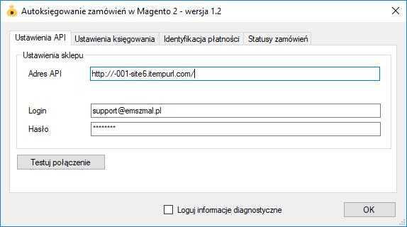 Konfiguracja połączenia ze sklepem Magento 2 1. W okienku konfiguracji w polu <Adres API> podaj adres swojego sklepu internetowego. 2. Pola <Login> i <Hasło> wypełnij danymi użytkownika z uprawnieniami do edycji zamówień i zmiany ich statusów (administratora).